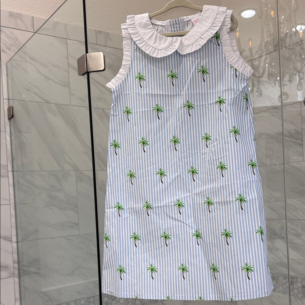 Tropical Palm Kids Dress with Ruffled Collar